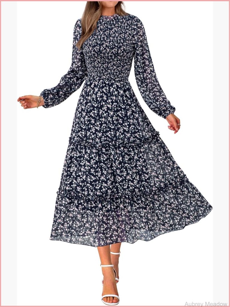 Long Sleeve Floral Maxi Dress Smocked Tiered A-Line Ruffle Wedding Guest